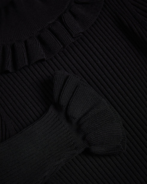 KATELLA-Knitwear-Made of stretchy knit, KATELLA is the perfect statement top to take you from season to season in style. With an oh-so-cute ruffle trim and a super soft feel, this fitted top is sure to become your new go-to. Ted Baker womenswear collection Fitted top Stretch fabric High neck Neck ruffle Ribbed knit Short sleeves with ruffle trim Amy is 5'9.5" / 1.77m and wears Black in a Ted size 1- Ted Baker Romania